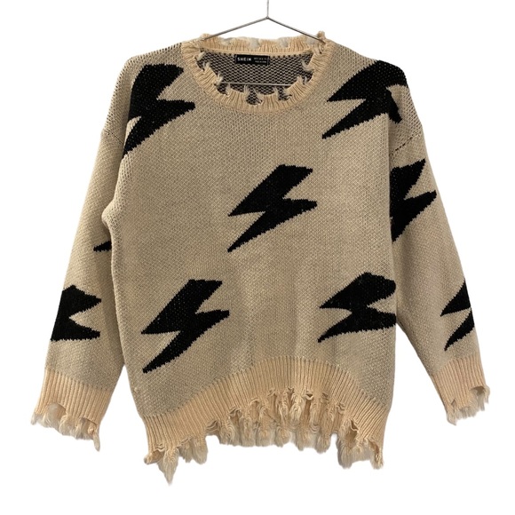 SHEIN Sweaters - SHEIN Cream & Black Lightning Bolts Distressed Oversized Sweater